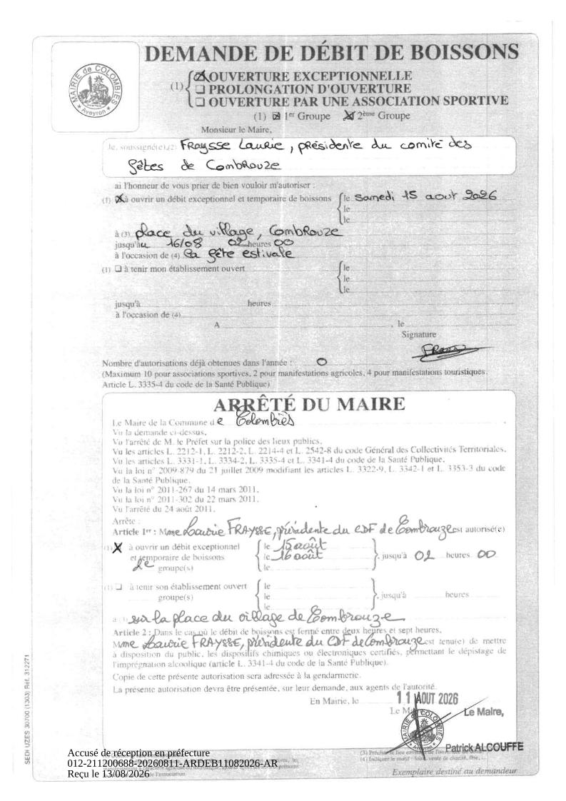 Arrêté 11 août 2026 - Autorisation débit boisson CDF Combrouze - Fête Combrouze 15 août 2026 - AR PREF12