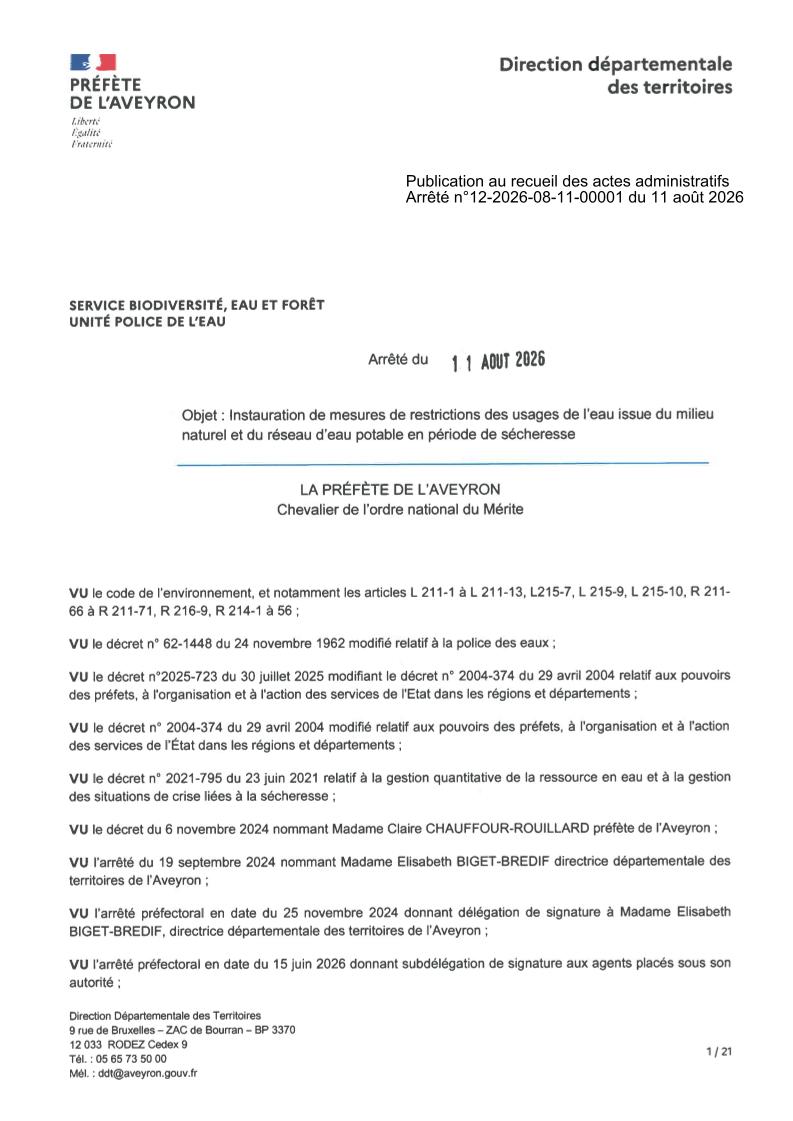 Arrêté n° 12-2026-08-11-00001 - Mesures restrictions usages eau potable et milieu naturel période sécheresse du 11-08-2026